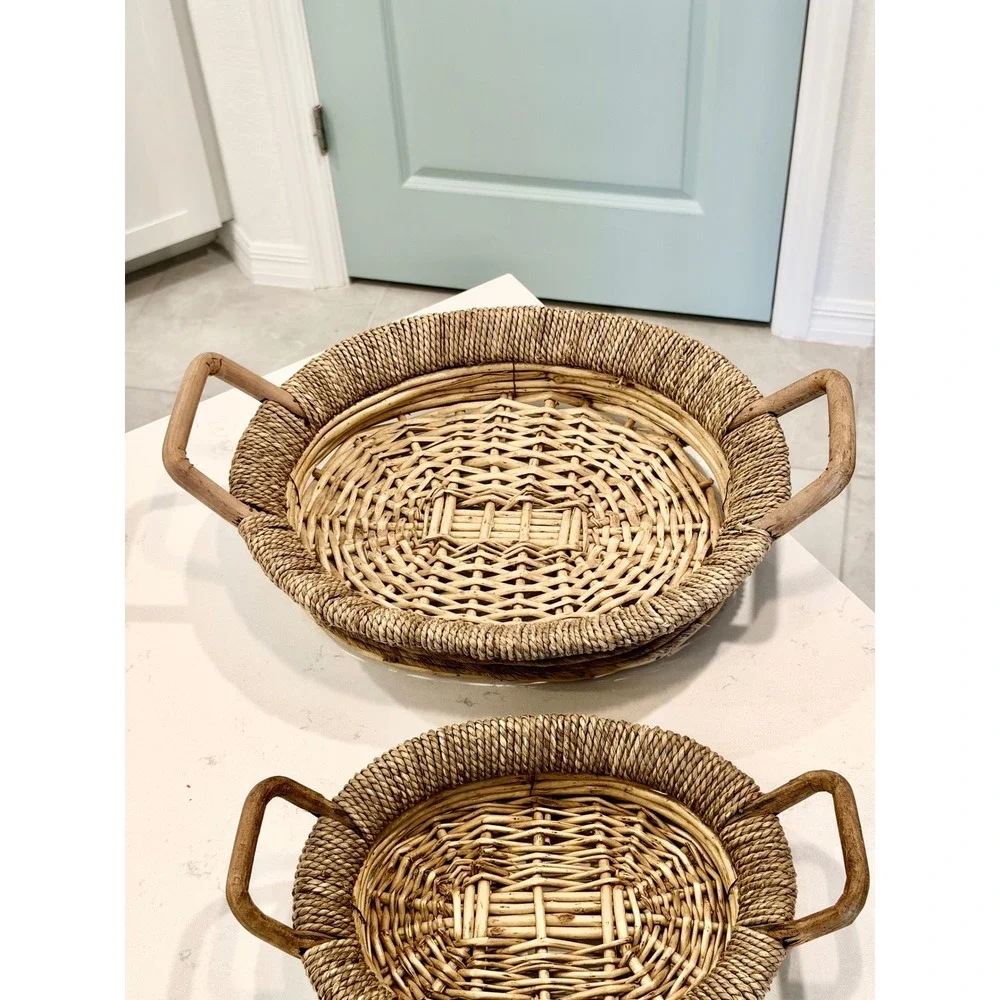 Set of 2 Woven Wicker Rattan Oval Serving Trays with Handles Natural Nesting